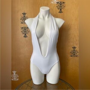 NWT White Halter Neck Plunge One Piece Cut Out Swimsuit Medium